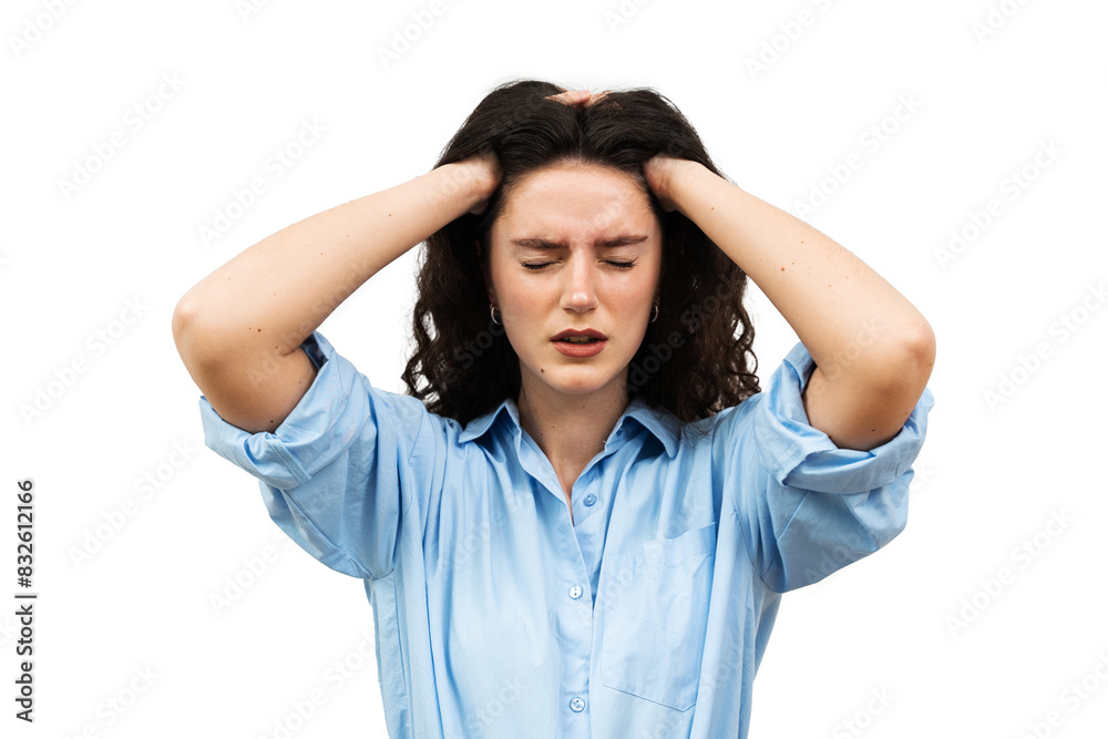 Migraine is a strong headache of young woman. Overstressed woman touches her head because of pain. Depression of attractive girl. Migraine is a strong headache of young woman. Overstressed woman touches her head because of pain. Depression of attractive girl.