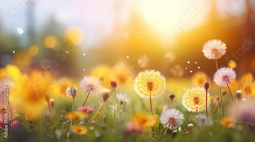 Sunny meadow with yellow dandelions. photo