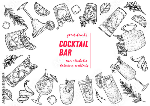 Alcoholic cocktails frame. Hand drawn vector illustration. Cocktails sketch set. Engraved style.