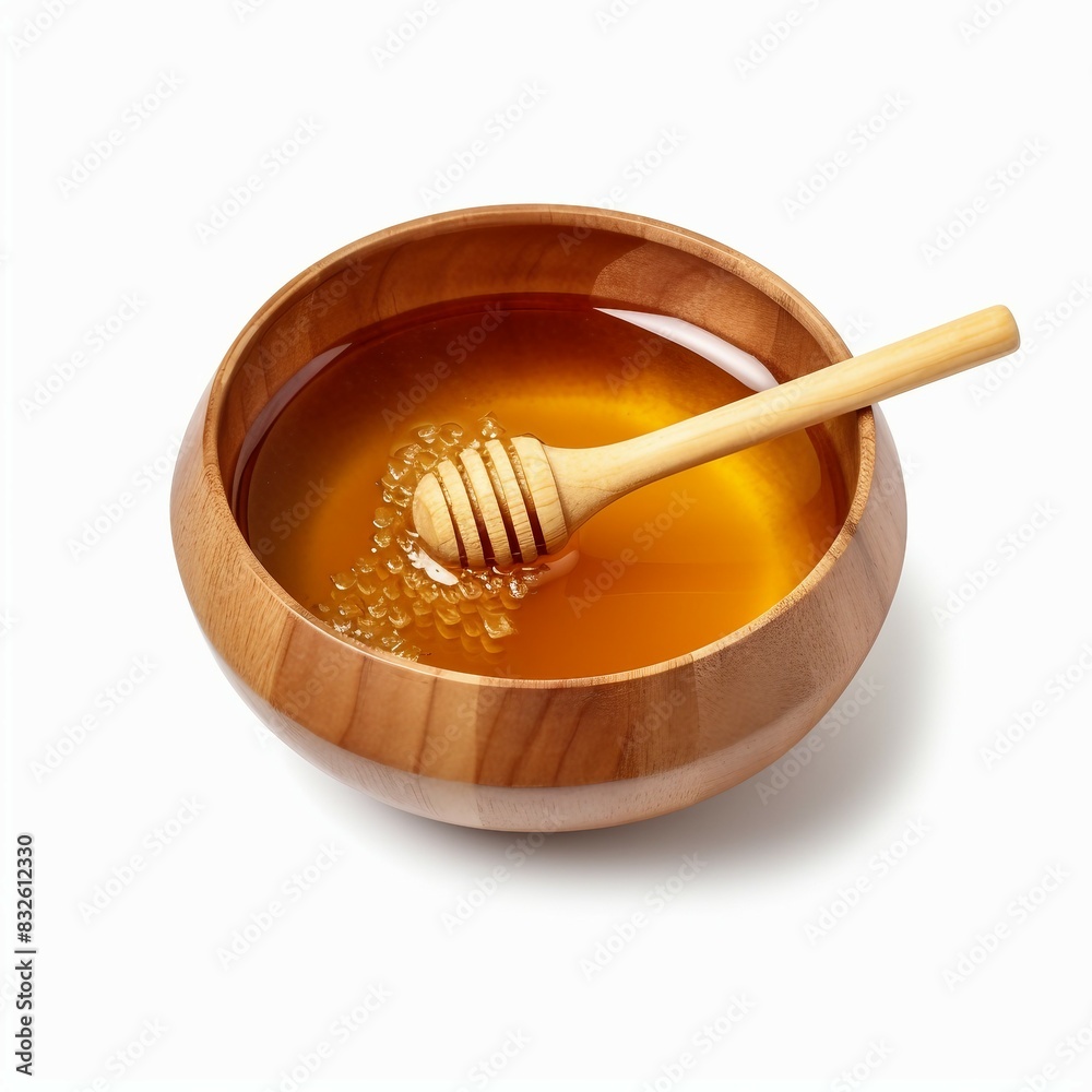 wooden bowl of honey with dipper