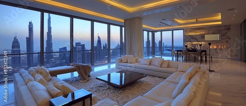 Modern living room interior with floor-to-ceiling windows and stunning city view photo