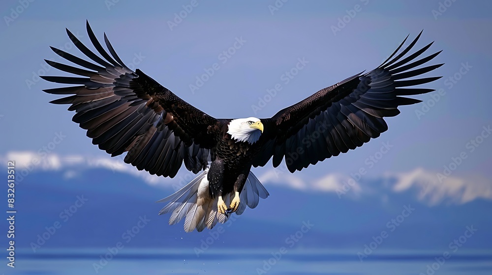 Fototapeta premium A bald eagle is flying in the sky with the mountains in the background.
