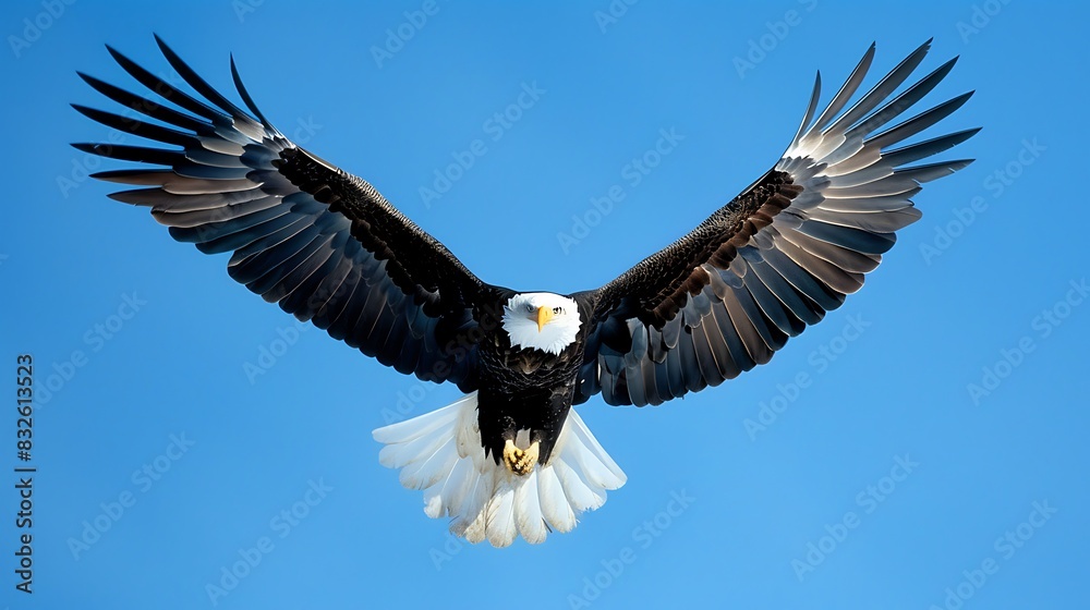 Obraz premium A bald eagle is flying in the sky with its wings spread wide. The eagle is looking down at the ground. The sky is blue and clear.
