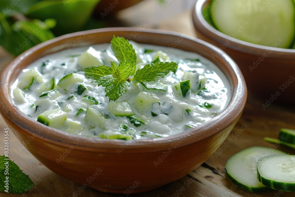 fresh and healthy raita with yogurt cucumber pieces with green mint leaves fresh and healthy raita with yogurt cucumber pieces with green mint leaves