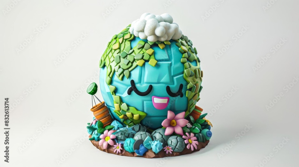 Naklejka premium Cute 3D chibi art, Earth smiling with recycled items, cute and sustainable, intricately designed