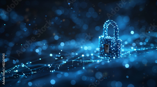 Digital lock made of connected particle mesh, cyber security abstract concept