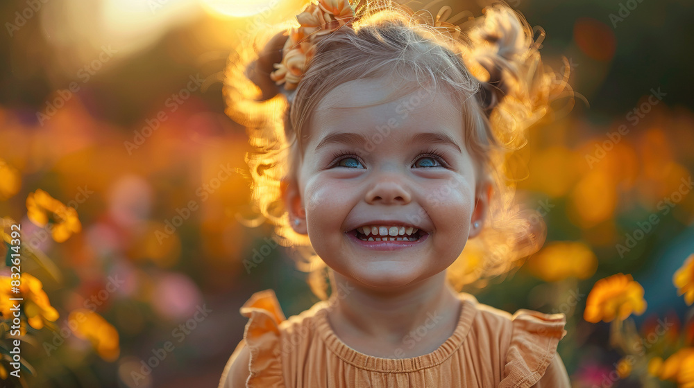 Happy Child Smiling In A Colorful Flower Garden Happy Child Smiling In A Colorful Flower Garden