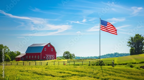 The image shows a red barn with an American flag waving in the foreground photo