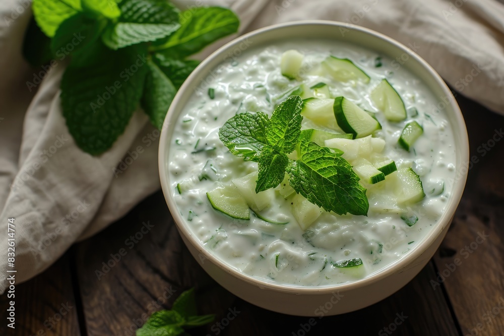 Indian raita sauce with yogurt cucumber mint on wooden background Greek tzatziki sauce Indian raita sauce with yogurt cucumber mint on wooden background Greek tzatziki sauce