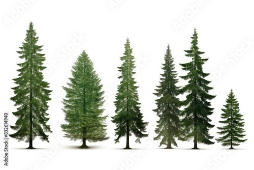 A set of seven evergreen trees of varying heights  isolated on a white background.
