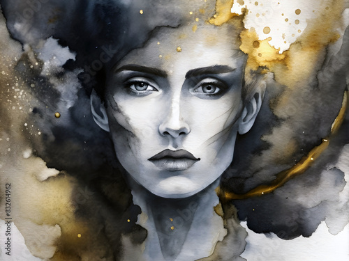 Abstract water paint black and gold colors portrait of a woman. 