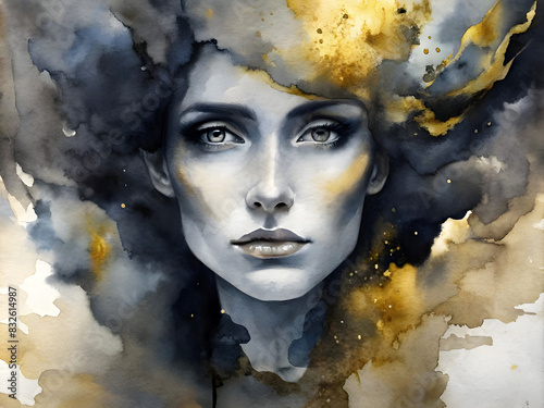 Abstract water paint black and gold colors portrait of a woman. 