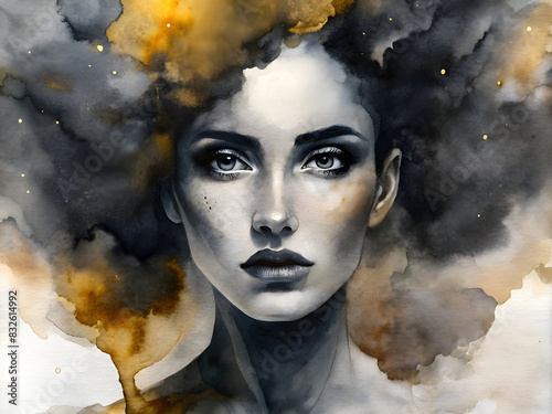 Abstract water paint black and gold colors portrait of a woman. 