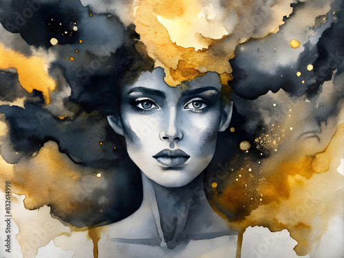 Abstract water paint black and gold colors portrait of a woman.