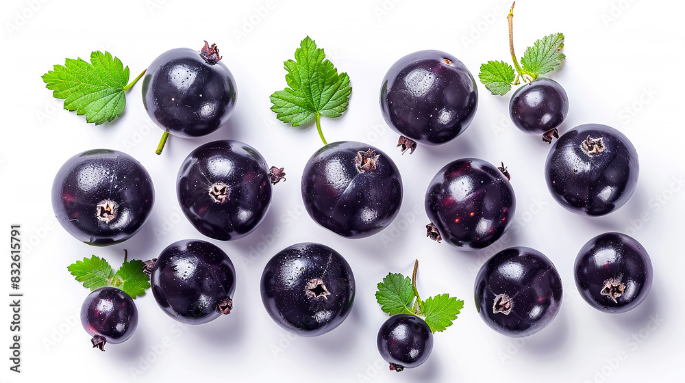 Creative mockup made of black currant with green leaves on white background. Flat lay, top view. Creative mockup made of black currant with green leaves on white background. Flat lay, top view.