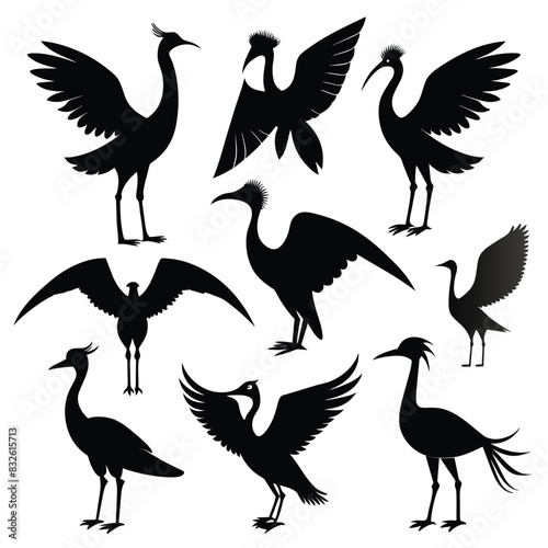 Set of Bronze winged Jacana animal black silhouettes vector on white background