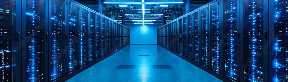 Fototapeta premium A sleek, modern data center, with rows of servers illuminated by vibrant blue LEDs, essential for todays cloud technology