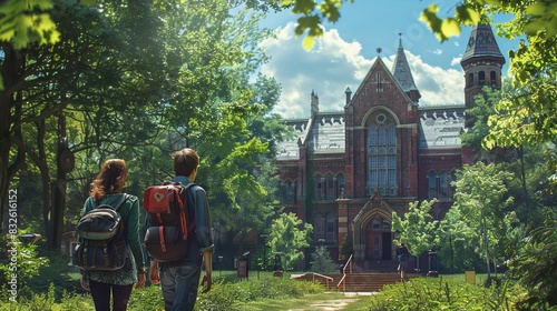 Students with backpacks walking towards a historic university building, bright sunny day, lush green campus, Realism, High detail 8K , high-resolution, ultra HD,up32K HD photo