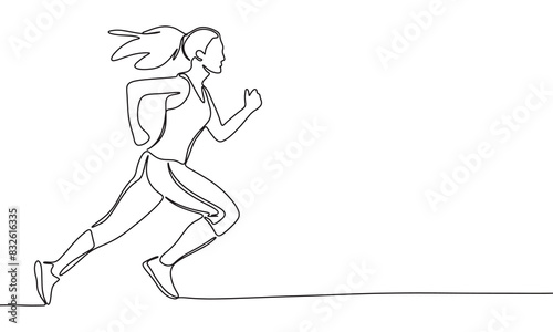 Running woman one line continuous. Woman runs line art. Hand drawn vector art.