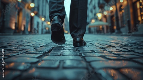 Businessmans feet walking on a textured pavement with Walk to Work inscription, urban setting, Realistic style, High detail 8K , high-resolution, ultra HD,up32K HD