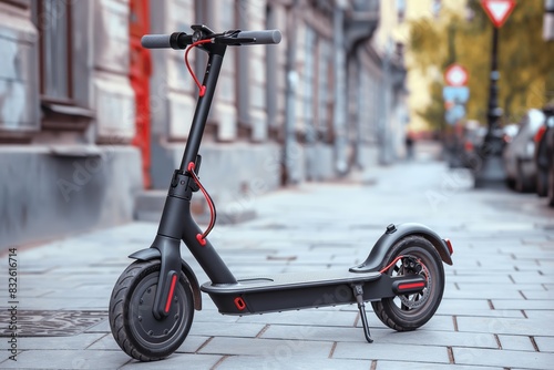 Electric scooter parked on city sidewalk