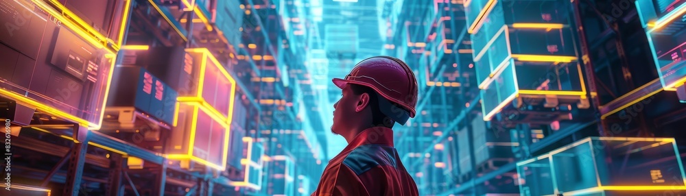 Future logistics concept with a worker in neonlit warehouse, surrounded by towering 3D holographic boxes, showcasing cuttingedge inventory technology Future logistics concept with a worker in neonlit warehouse, surrounded by towering 3D holographic boxes, showcasing cuttingedge inventory technology