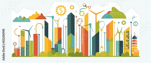 A creative  illustrative bar graph with bold  colorful bars and symbols representing the growth of wealth in the renewable energy sector.