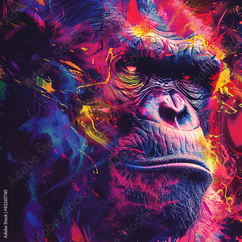 Vibrant Artistic Portrait of Ape in Colorful Digital Art