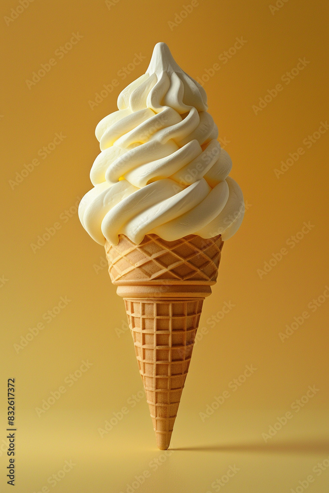 Delicious Vanilla Soft Serve Ice Cream Cone on Yellow Background
