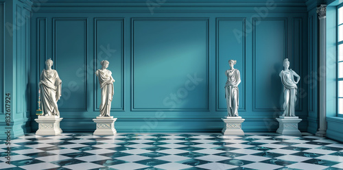 White Greek statues in a blue room with a black and white tile floor photo