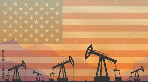 Oil platforms with USA flag in background
