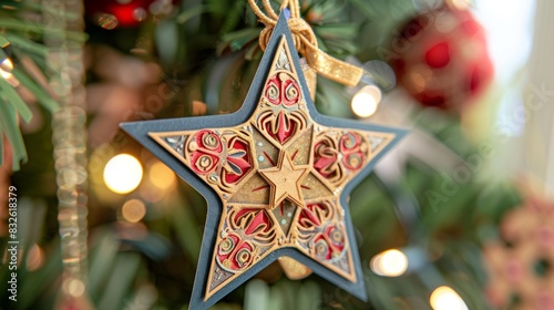 A starshaped ornament crafted from recycled paper and adorned with intricate designs. photo