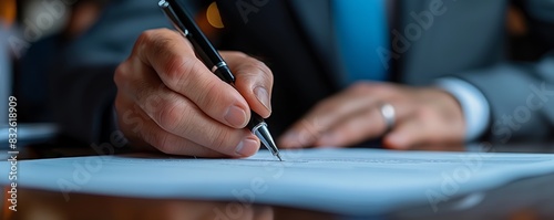 Close-up of male hand signing document photo