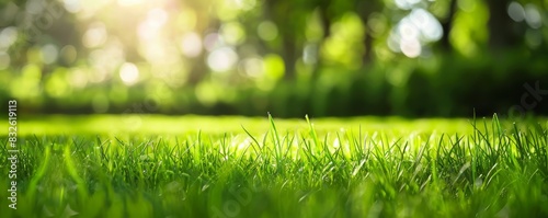 close up of green grass with blurred garden background and light, Spring, and nature background concept, blurred bokeh background