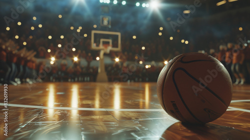 Low angle shot of a basketball court with a ball in the background of spectators cheering for the game, rim light 