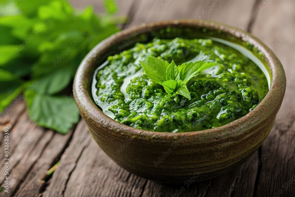 dark bowl of green sauce with green mint leaves dark bowl of green sauce with green mint leaves