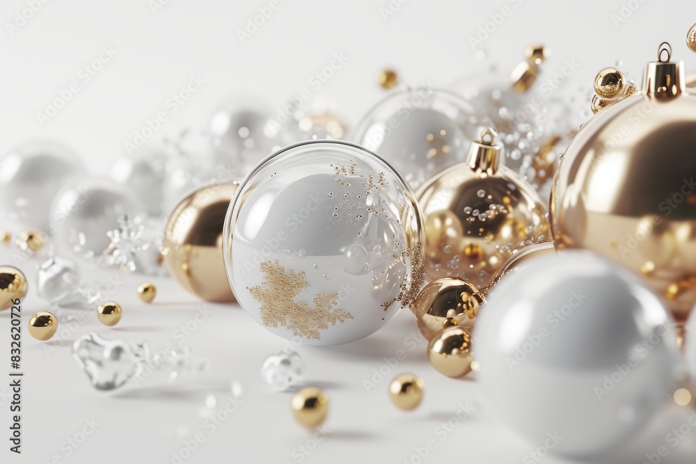 Winter holiday  Festive white and gold Christmas ornaments and baubles. Empty glass snowball isolated on white background, AI-generated