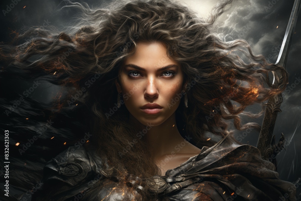 A fierce and fearless warrior woman, wielding a double-bladed axe and commanding the forces of storm and wind. - Generative AI A fierce and fearless warrior woman, wielding a double-bladed axe and commanding the forces of storm and wind. - Generative AI