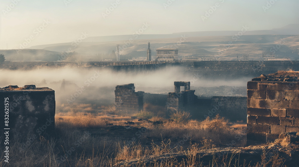 Fototapeta premium Bosra in a mystical atmosphere Surrounded by fog a_004