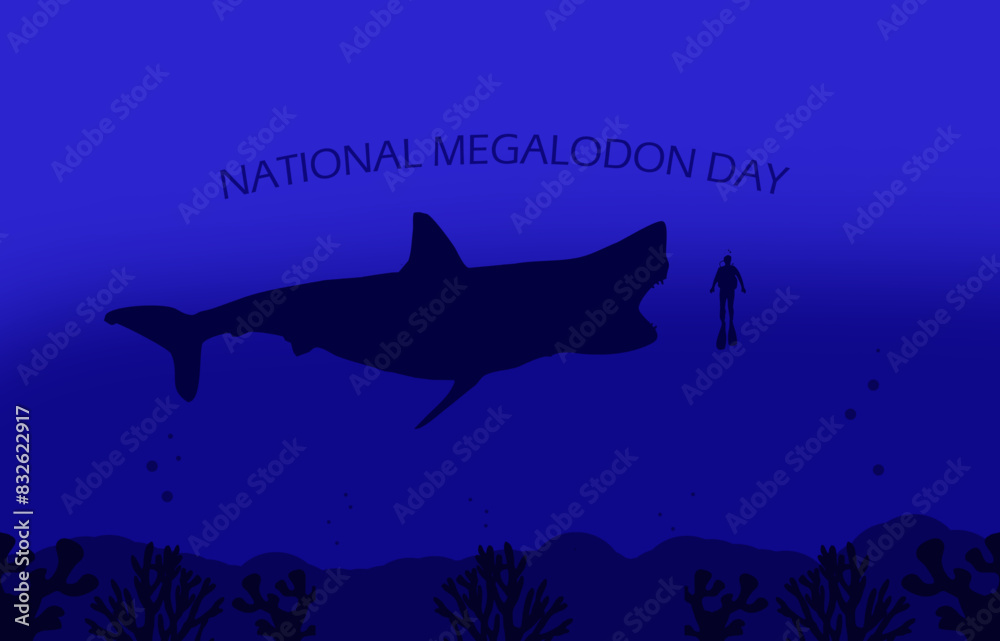 Obraz premium National Megalodon Day event banner. Illustration of a giant megalodon shark with a diver in the dark ocean to celebrate on June 15th