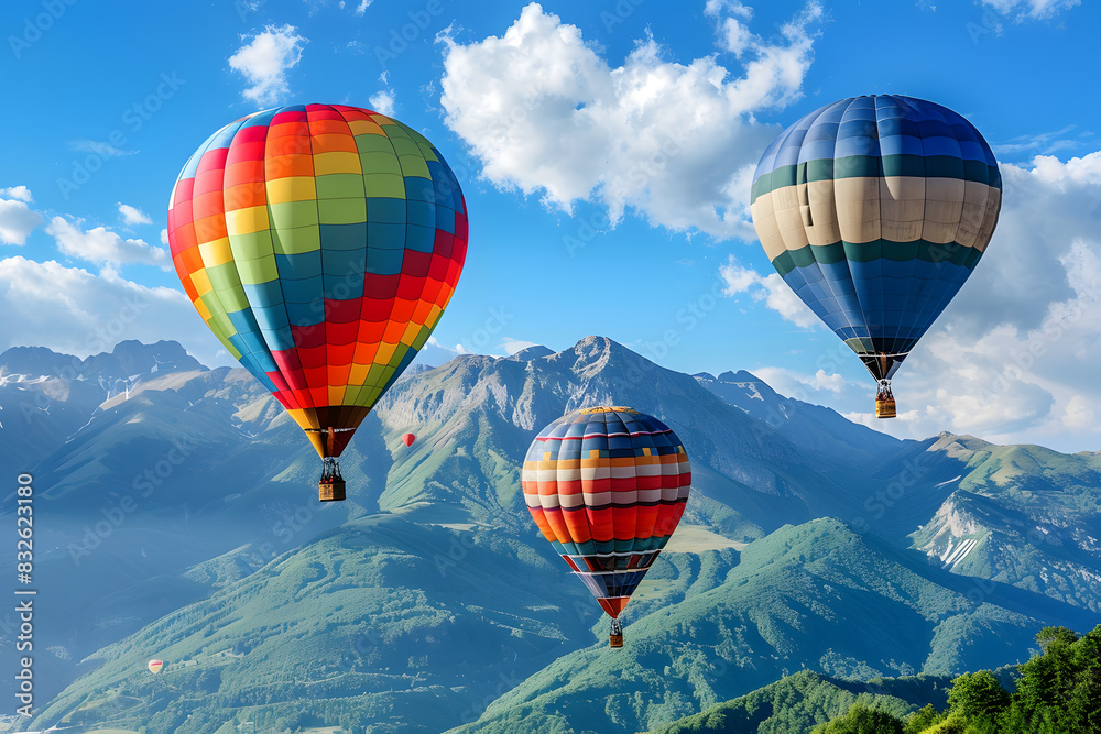 Fototapeta premium Colorful hot air balloons flying over green mountain landscape.