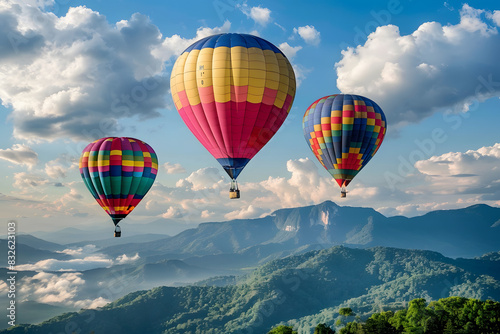 Colorful hot air balloons flying over green mountain landscape. © Pacharee