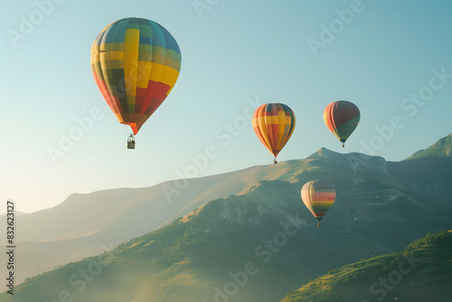 Colorful hot air balloons flying over green mountain landscape.