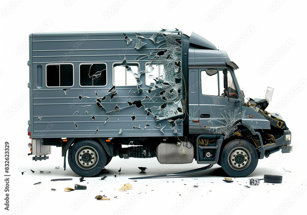 Obraz premium Destroyed transport van with broken windows