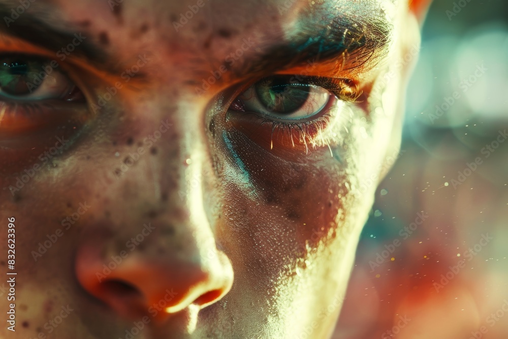 Determined Olympic Wrestler Close-Up with Intense Focus in Vibrant Wrestling Arena Determined Olympic Wrestler Close-Up with Intense Focus in Vibrant Wrestling Arena