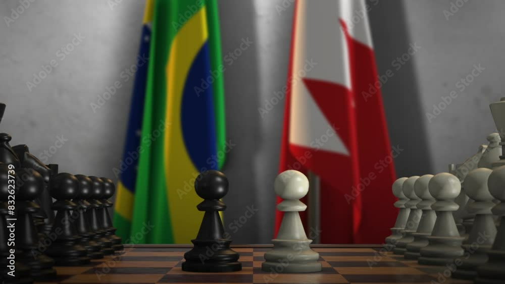 Bahrain And Brazil Flags. Politics And Conflict Concept Animation. Chess Board Game Play