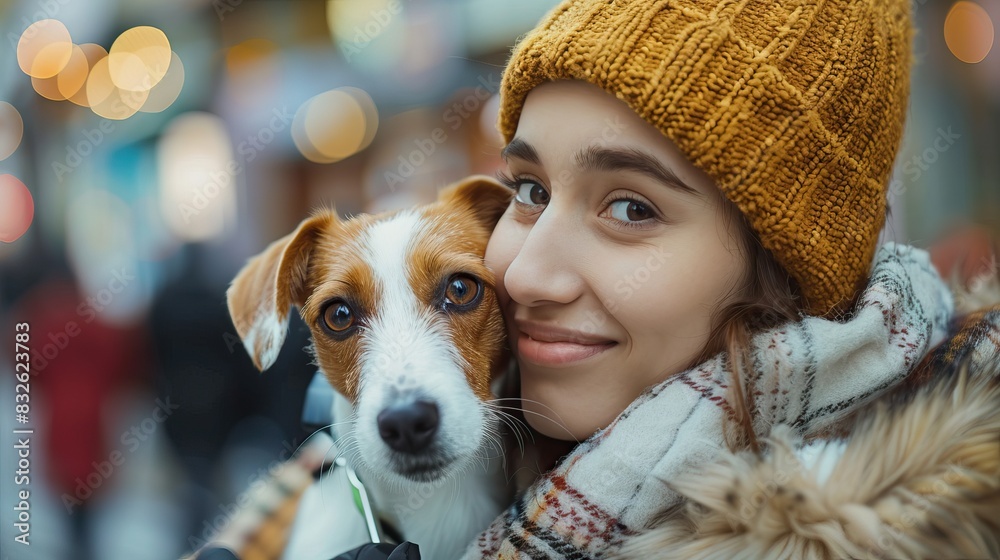 Happy Woman in Winter Clothing Embracing Her Cute Dog Happy Woman in Winter Clothing Embracing Her Cute Dog