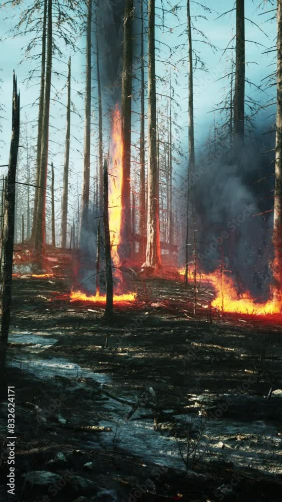 Forest fire with fallen tree is burned to the ground Forest fire with fallen tree is burned to the ground