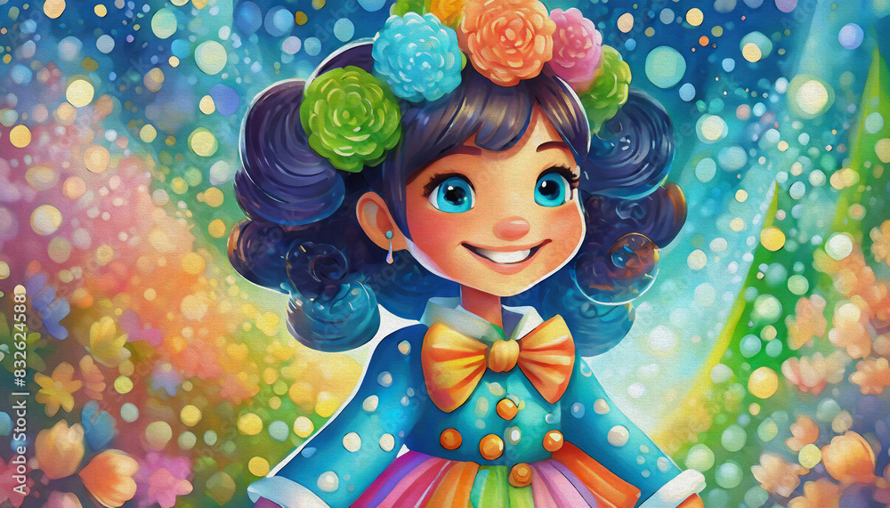 oil painting style Cartoon character A cute smiling girl with a fuzzy nose dressed as a clown.