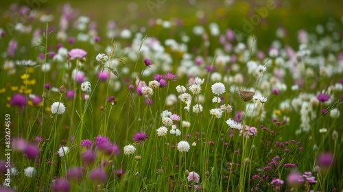 A sea of delicate white and purple wildflowers stretching as far as the eye can see.